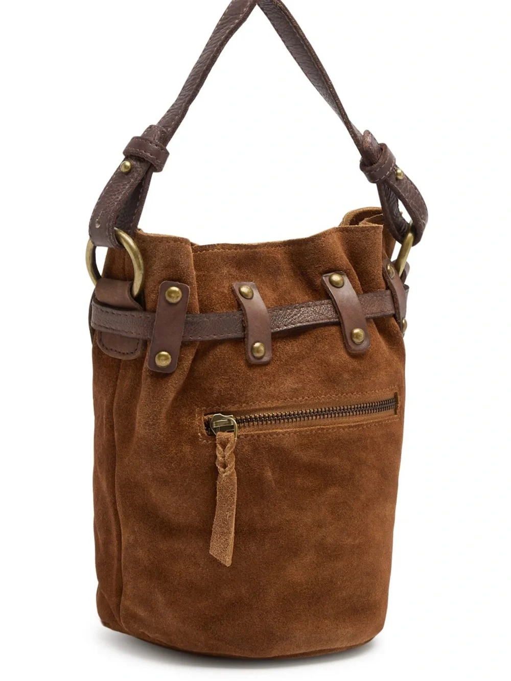 Free People Brown Suede Bucket Hobo with Leather Tri